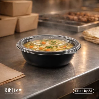 سوپ رشته و هویج داخل کاسه ماکروویوی پلی پروپیلن مشکی همراه با درب شفاف ۲۵۰ میلی لیتری طب پلاستیک