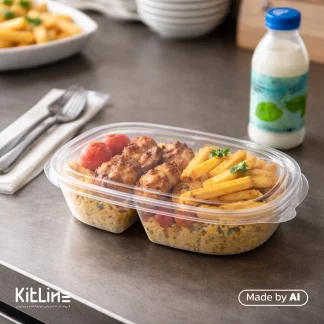 سرو جوجه و سیب زمینی در ظرف دو خانه ماکروویوی پلی پروپیلن شفاف ۹۰۰ میلی لیتری طب پلاستیک (کارتن ۱۵۰ عددی)