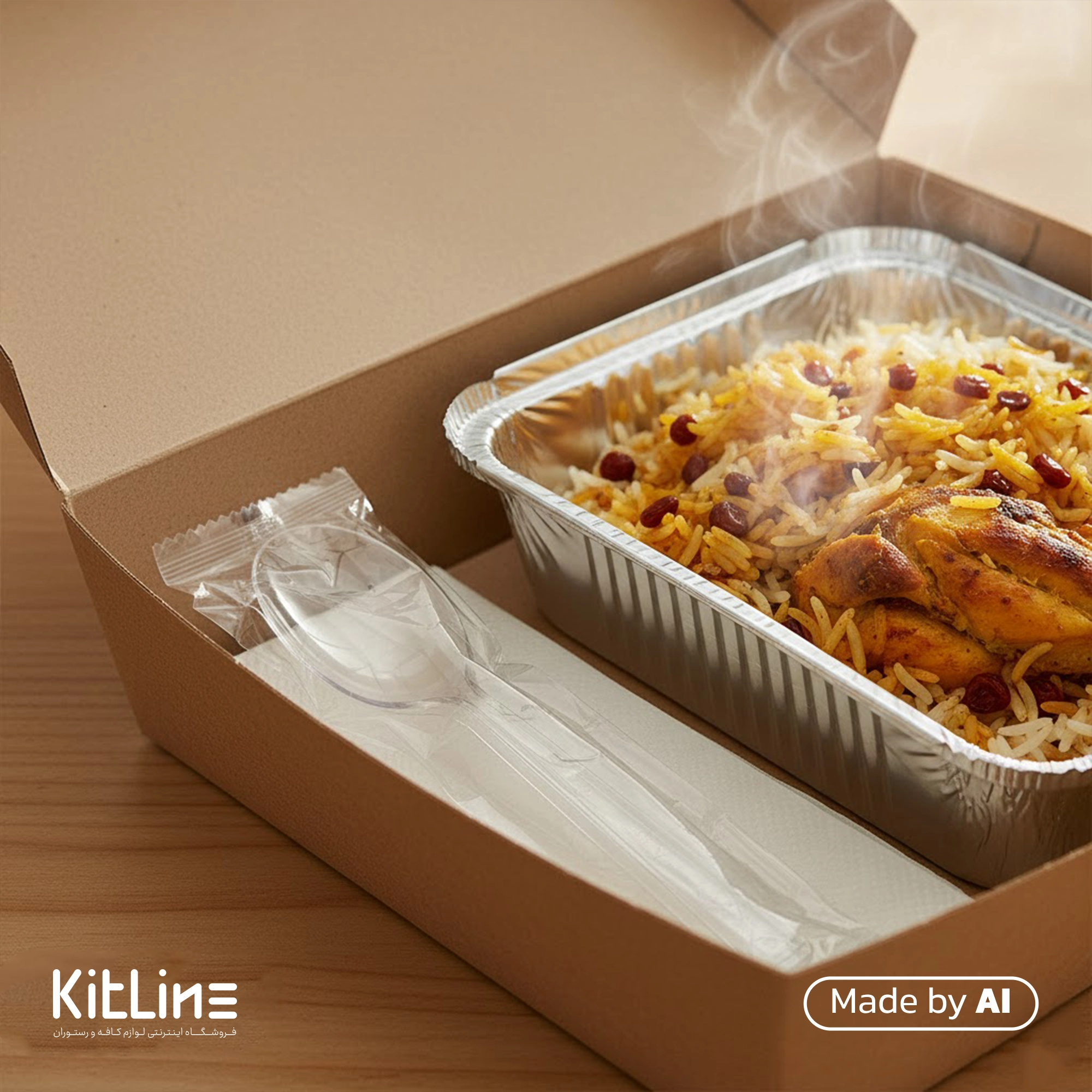 سرو غذا به صورت بیرون بر به همراه قاشق یکبار مصرف پلی استایرن شفاف مدل سیدنی طب پلاستیک (کارتن ۱۰۰۰ عددی)