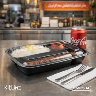 چلوکباب کوبیده داخل ظرف سه خانه کبابی پلی پروپیلن مشکی با درب شفاف ۱۹۰۰میلی لیتری طب پلاستیک به همراه کارد و چنگال =)))