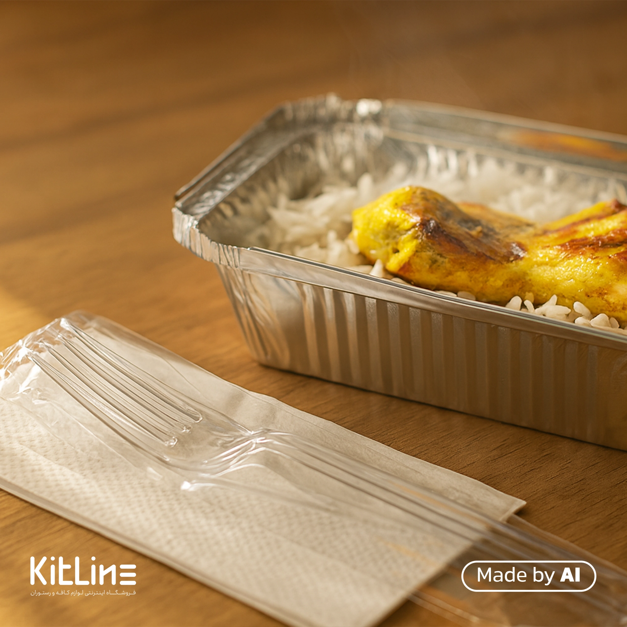 سرو برنج و مرغ به همراه چنگال یکبار مصرف پلی استایرن شفاف مدل سیدنی طب پلاستیک کارتن ۱۰۰۰ عددی