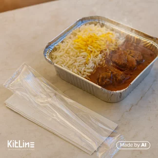 ارسال غذا به صورت بیرون بر به همراه چنگال یکبار مصرف پلی استایرن شفاف مدل پارس طب پلاستیک کارتن ۲۰۰۰ عددی