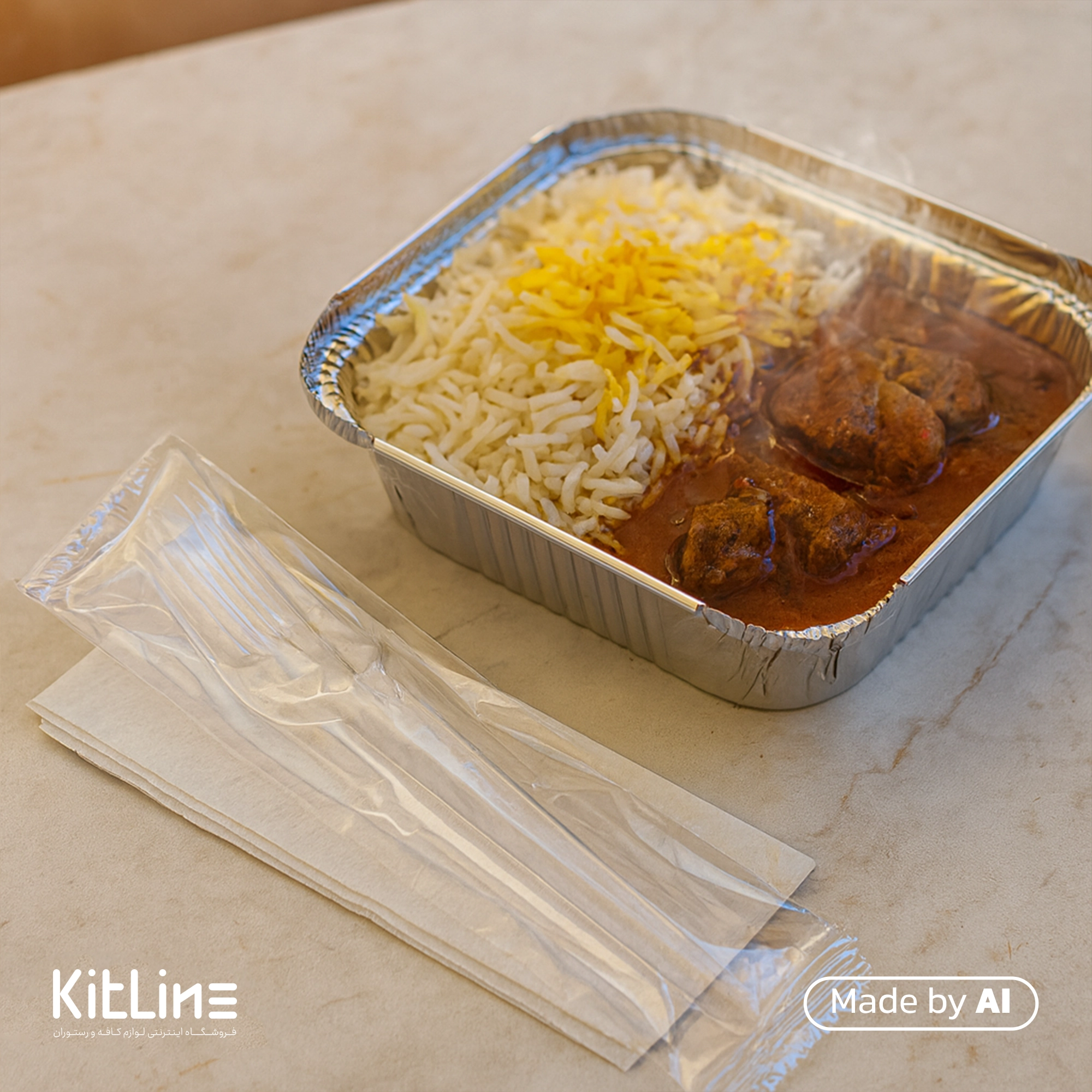 ارسال غذا به صورت بیرون بر به همراه چنگال یکبار مصرف پلی استایرن شفاف مدل پارس طب پلاستیک کارتن ۲۰۰۰ عددی