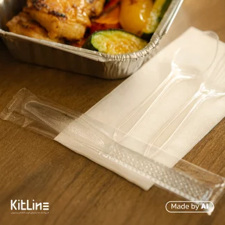 کارد یکبار مصرف پلی استایرن شفاف مدل روم طب پلاستیک (کارتن ۲۰۰۰ عددی) در کنار غذا بیرون بر