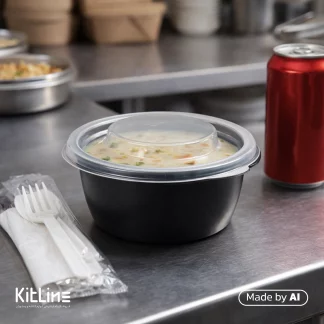 سرو سوپ شیر در کاسه ماکروویوی پلی پروپیلن مشکی همراه با درب شفاف ۳۷۵ میلی لیتری طب پلاستیک (کارتن ۳۰۰ عددی)