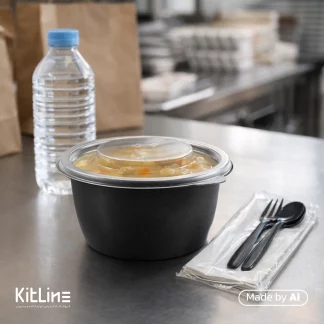 سرو سوپ در کاسه ماکروویوی پلی پروپیلن مشکی همراه با درب شفاف ۵۰۰ میلی لیتری طب پلاستیک (کارتن ۳۰۰ عددی)