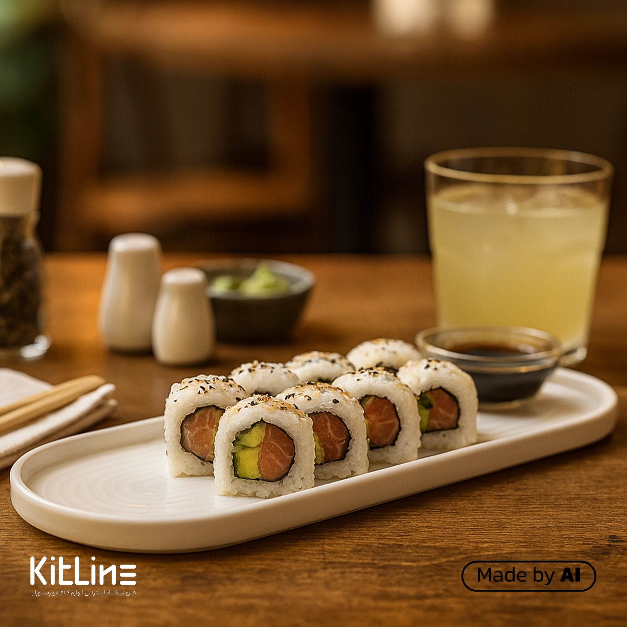 بشقاب پرسلین ۱۰×۳۰ سانتیمتری سفید آرتیزان مدل لاین که در آن سوشی سرو شده است.