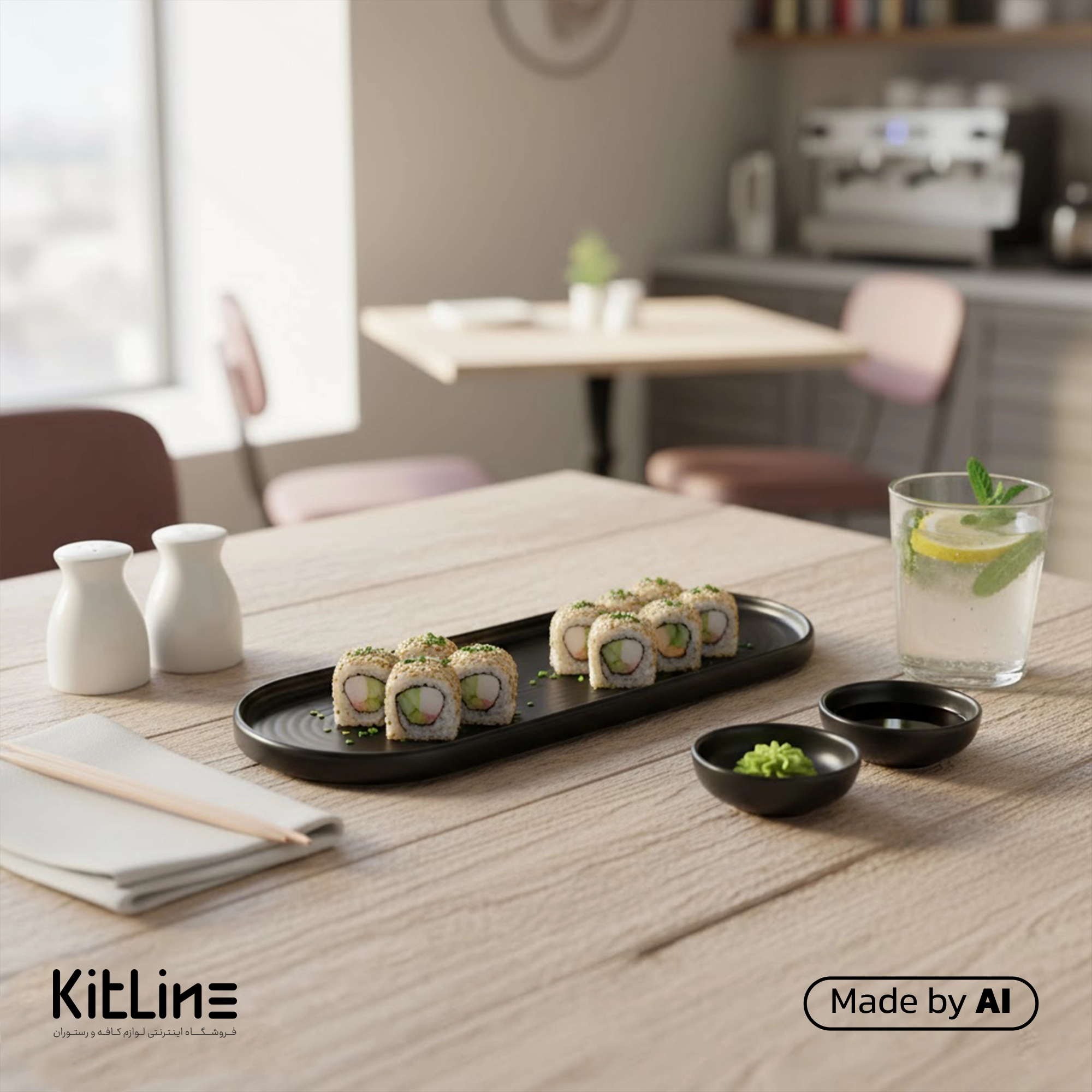 بشقاب پرسلین ۱۰×۳۰ سانتیمتری مشکی آرتیزان مدل لاین که در آن سوشی سرو شده است.