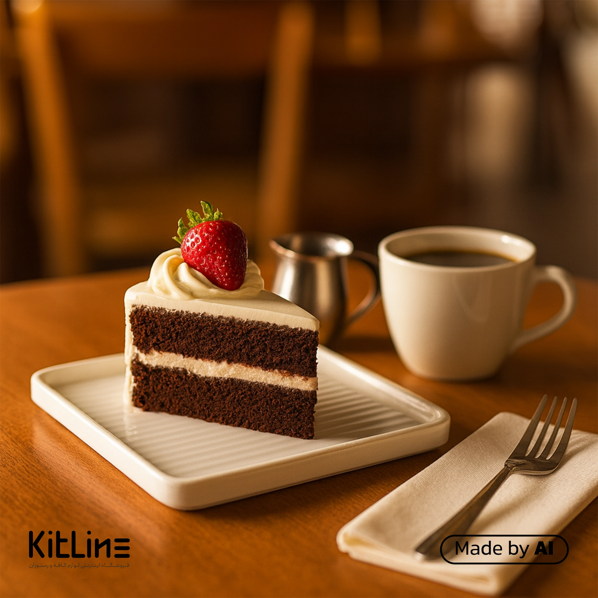 بشقاب پرسلین ۲۱×۲۱ سانتیمتری سفید آرتیزان مدل لاین که در آن کیک سرو شده است.