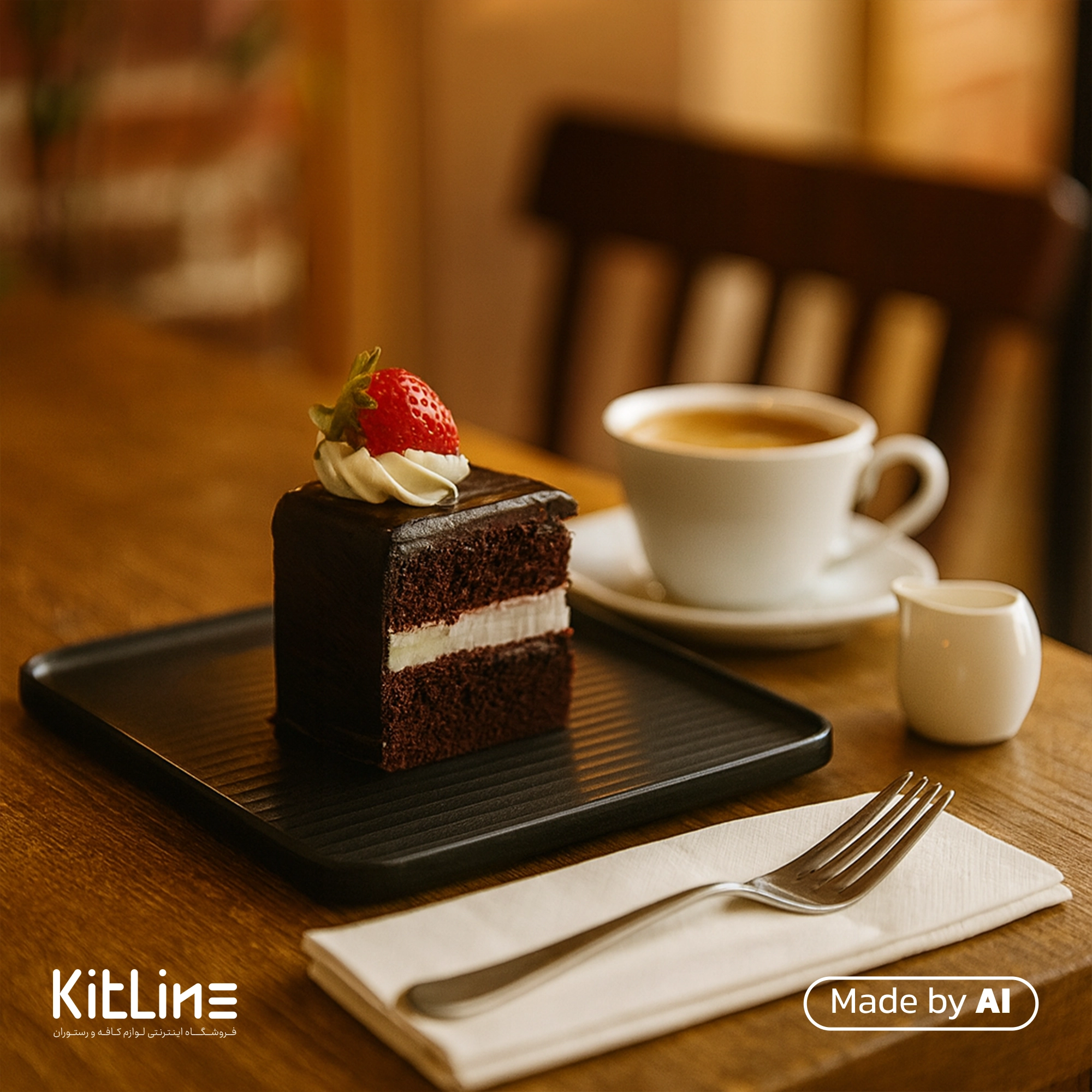 بشقاب پرسلین ۲۱×۲۱ سانتیمتری مشکی آرتیزان مدل لاین که در آن کیک شکلاتس سرو شده است.