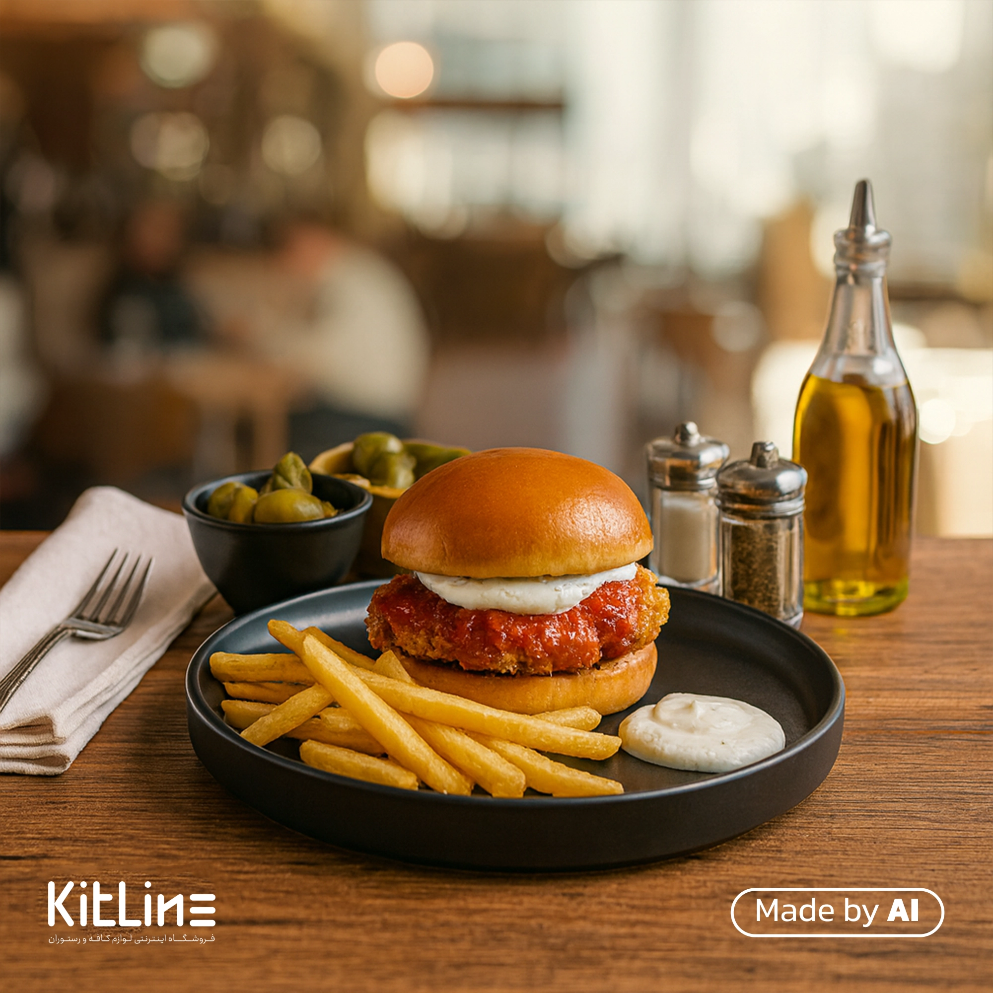 بشقاب پرسلین ۲۷ سانتیمتری مشکی آرتیزان مدل کفا که در آن ساندویچ مرغ سوخاری به همراه سیب زمینی و سس سرو شده است.