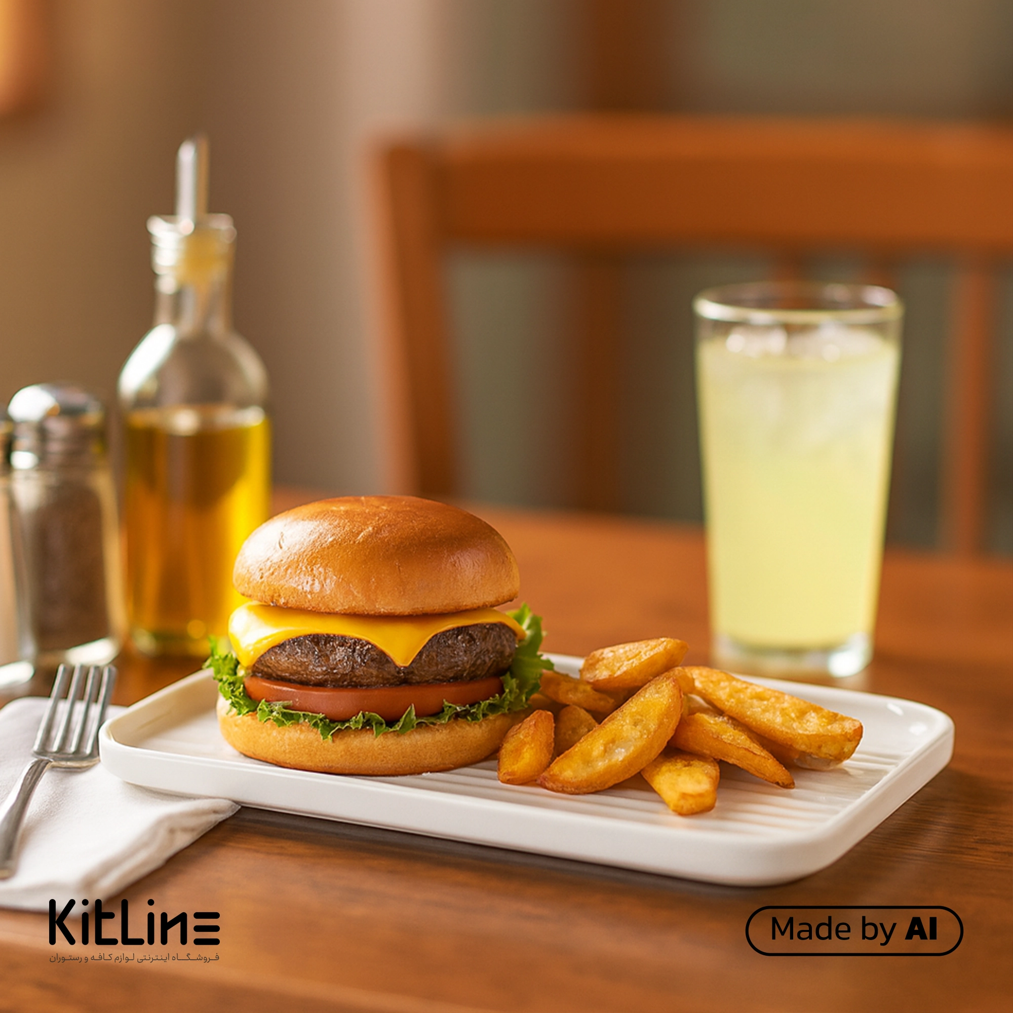 بشقاب پرسلین ۲۸×۱۶ سانتیمتری سفید آرتیزان مدل لاین که در آن ساندویچ چیز برگر و سیب زمینی سرو شده است.