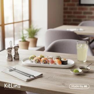 بشقاب پرسلین ۳۰ سانتیمتری سفید آرتیزان مدل رینگ که در آ سیوشی سرو شده است و برروی مسز سرو رستوران قرار داده شده است.