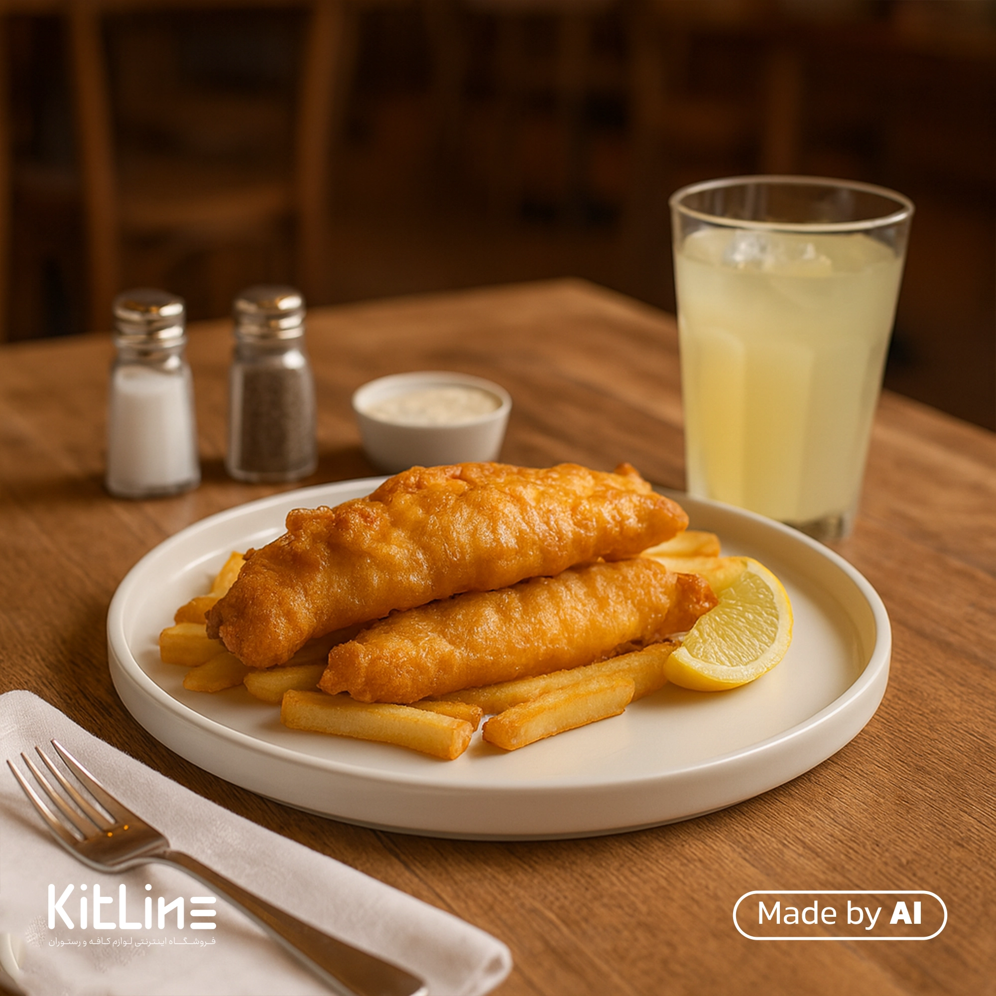 بشقاب پرسلین ۳۰ سانتیمتری سفید آرتیزان مدل کفا که در آن فیشن چیپس سرو شده است.