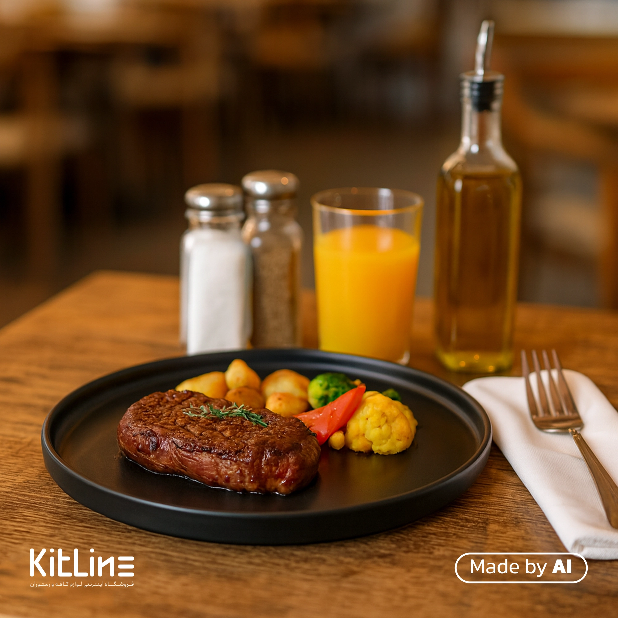 بشقاب پرسلین ۳۰ سانتیمتری مشکی آرتیزان مدل کفا که در آن استیک به همراه دورچین سرو شده است.