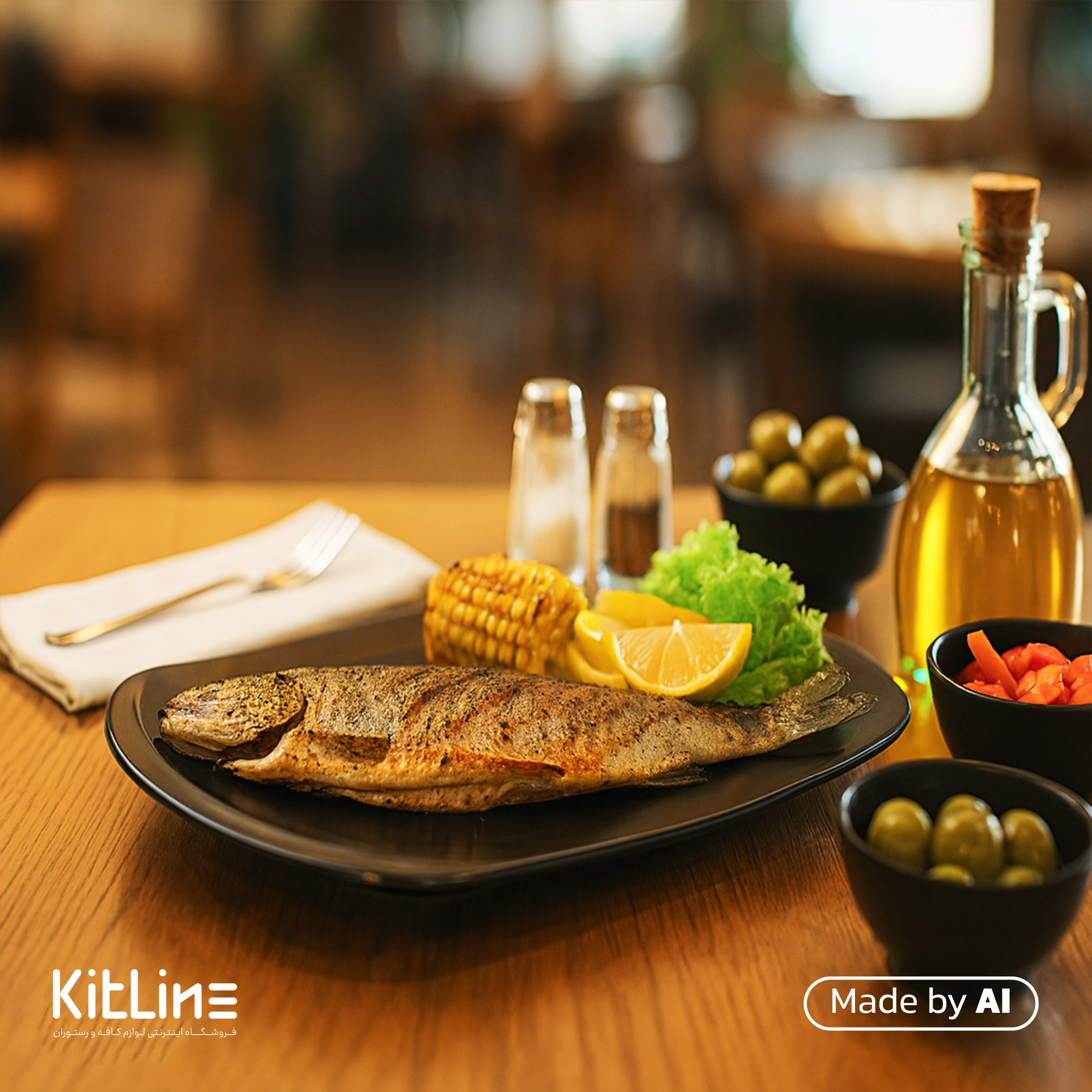 بشقاب پرسلین ۳۴×۲۵ سانتیمتری مشکی آرتیزان مدل بیسترو که در آن ماهی به همراه دور چین سرو شده است.