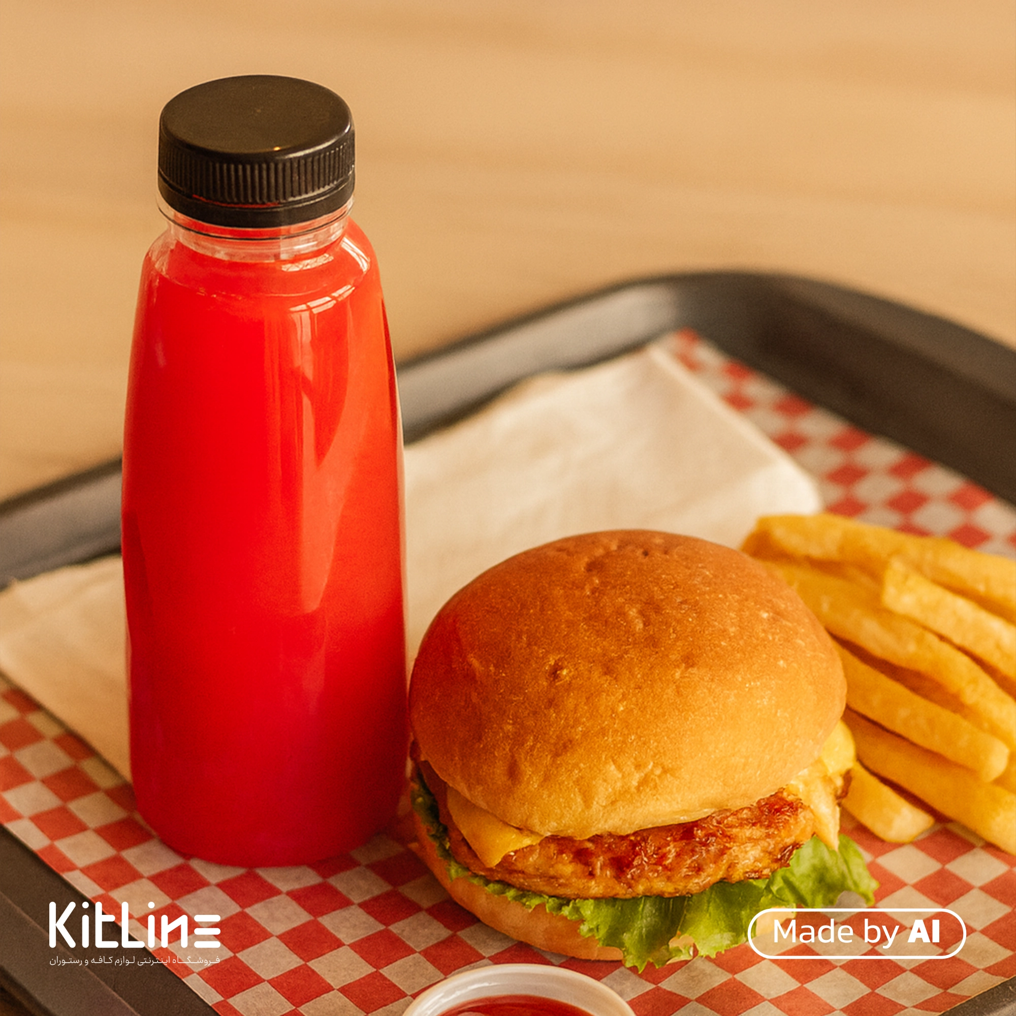 سرو هندوانه در کنار همبرگر و سیب زمینی بطری یکبار مصرف ۳۳۰ میلی لیتری همراه درب طب پلاستیک (کارتن ۲۰۰ عددی)