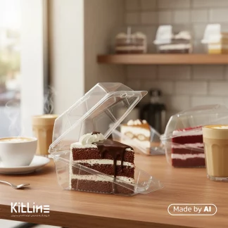 ظرف اسلایس کیک با درب لولایی پریما که در آن کیک قرار دارد.