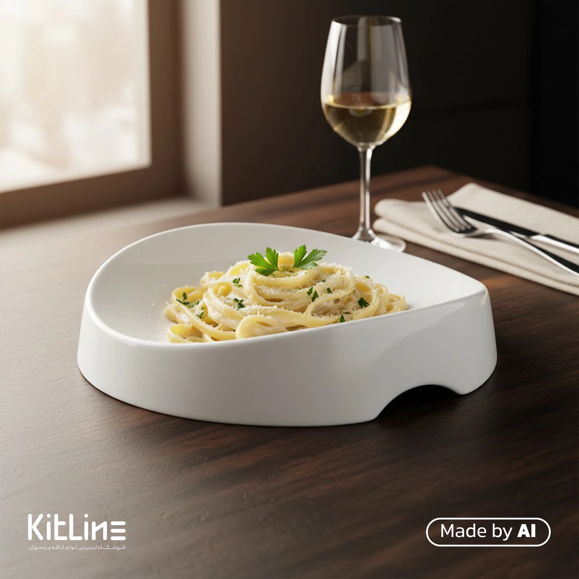 ظرف بزرگ پرسلین سفید آرتیزان مدل سدل که در آن پاستا سرو شده است.