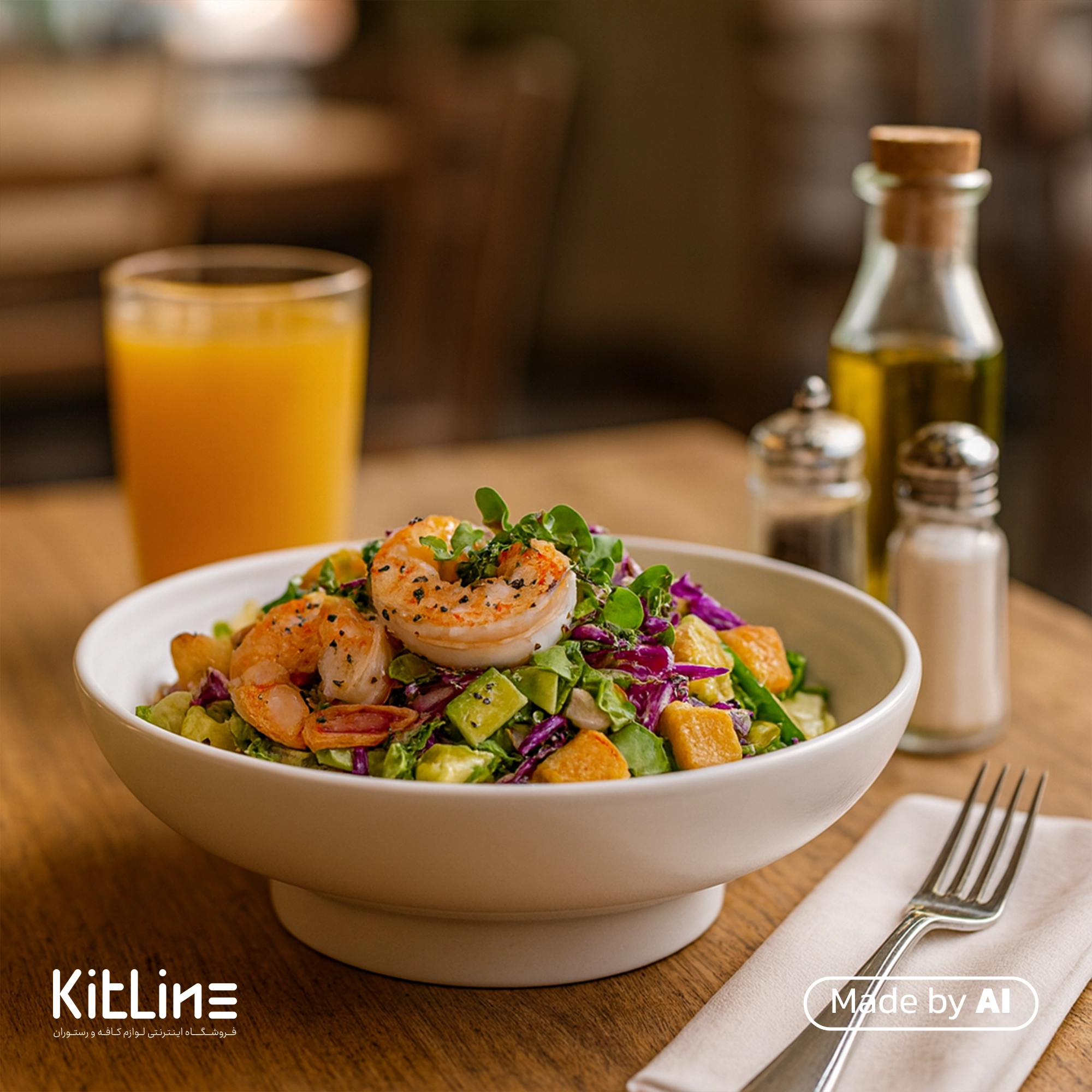 ظرف سالاد پایه دار پرسلین ۲۳ سانتیمتری سفید آرتیزان سالاد میگو سرو شده است.