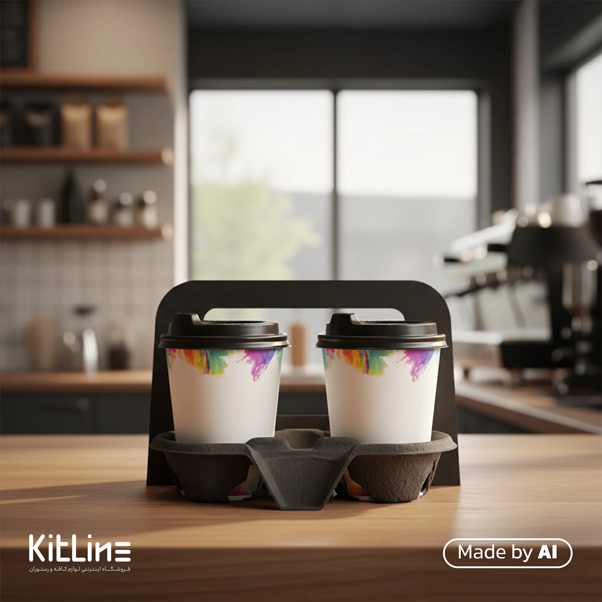 لیوان کاغذی یکبار مصرف دو جداره ۲۲۰ میلی لیتری سفید همراه با درب رستاک در هولدر بیرون بر