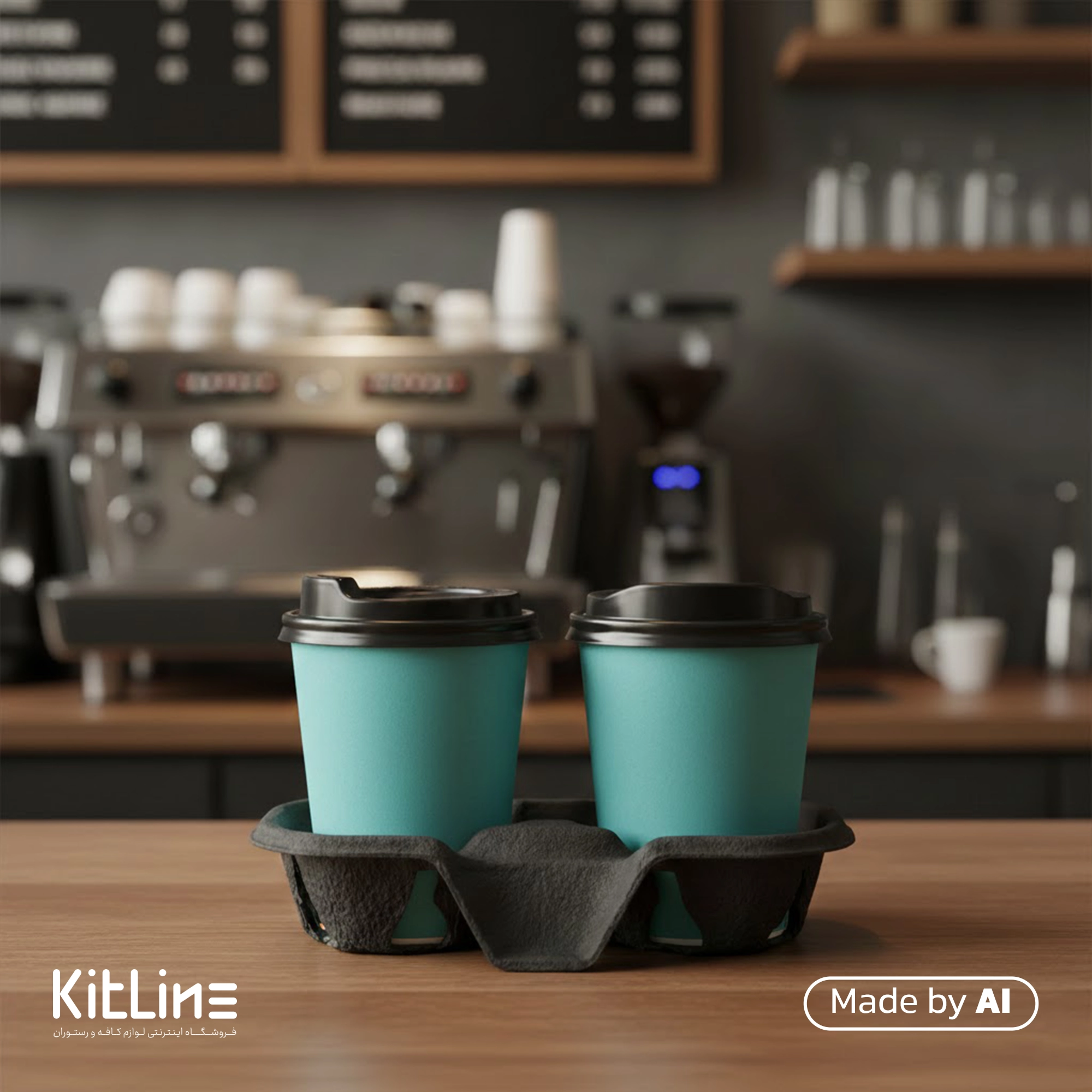 لیوان کاغذی یکبار مصرف دو جداره ۲۲۰ میلی لیتری فیروزه ای همراه با درب رستاک در هولدر بیرون بر