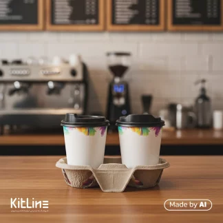 لیوان کاغذی یکبار مصرف دو جداره ۳۵۰ میلی لیتری سفید همراه با درب رستاک در هولدر بیرون بر