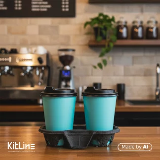 لیوان کاغذی یکبار مصرف دو جداره ۳۵۰ میلی لیتری فیروزه ای همراه با درب رستاک در هولدر یکبارمصرف بیرون بر