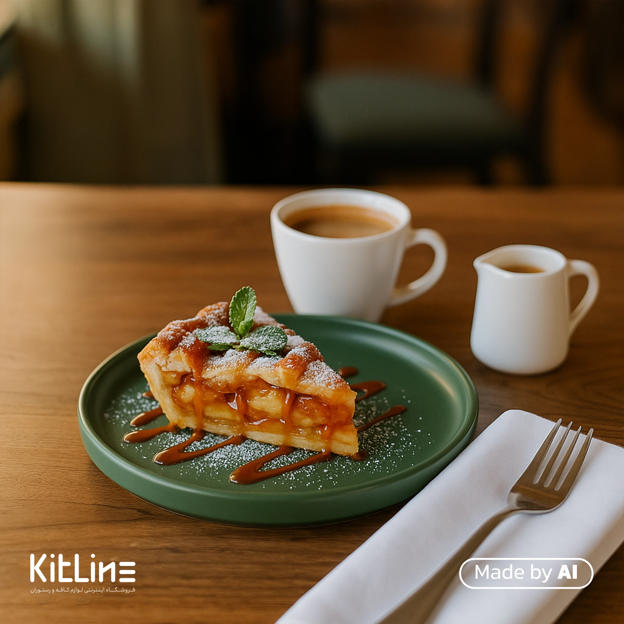 پیشدستی پرسلین ۲۱ سانتیمتری سبز آرتیزان مدل کفا گه در آن کیک سرو شده است.