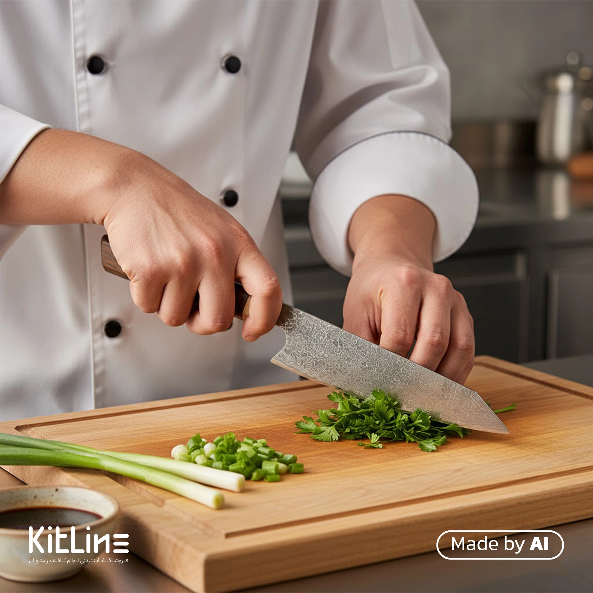 آشپزی با استفاده از چاقو دمشقی ۲۰ سانتیمتری کوکینگ فلیم درحال خرد کردن سبزیجات میباشد.