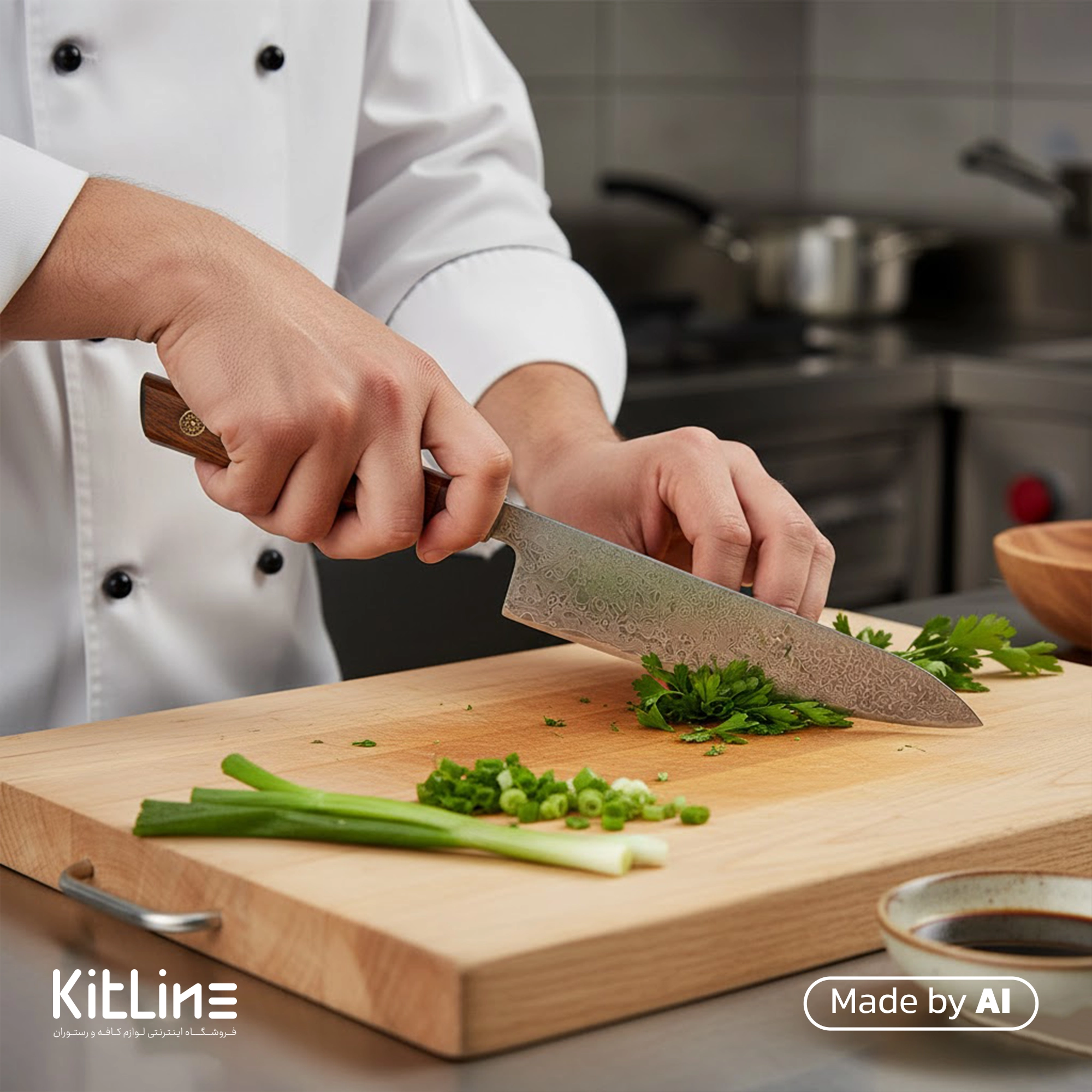 آشپزی با استفاده از چاقو دمشقی ۲۳ سانتیمتری کوکینگ فیلم در حال خورد کردن سبزیجات میباشد.