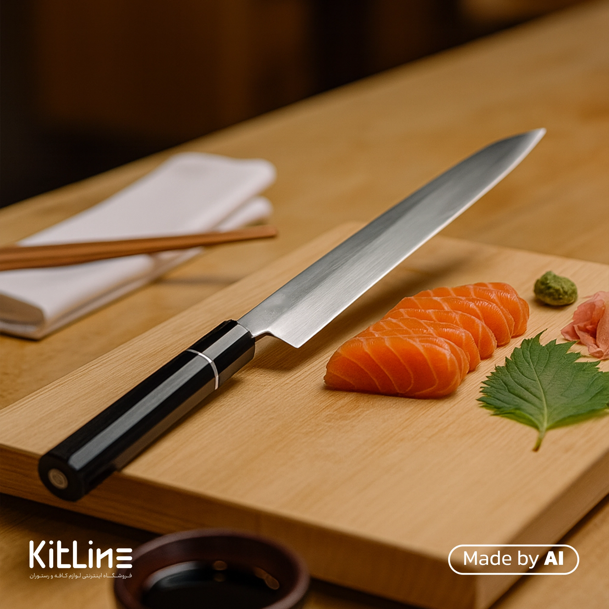 چاقو سوشی ۲۷ سانتیمتری کوکینگ فلیم بر روی تخته چوبی در کنار تکه های خورد شده ماهی