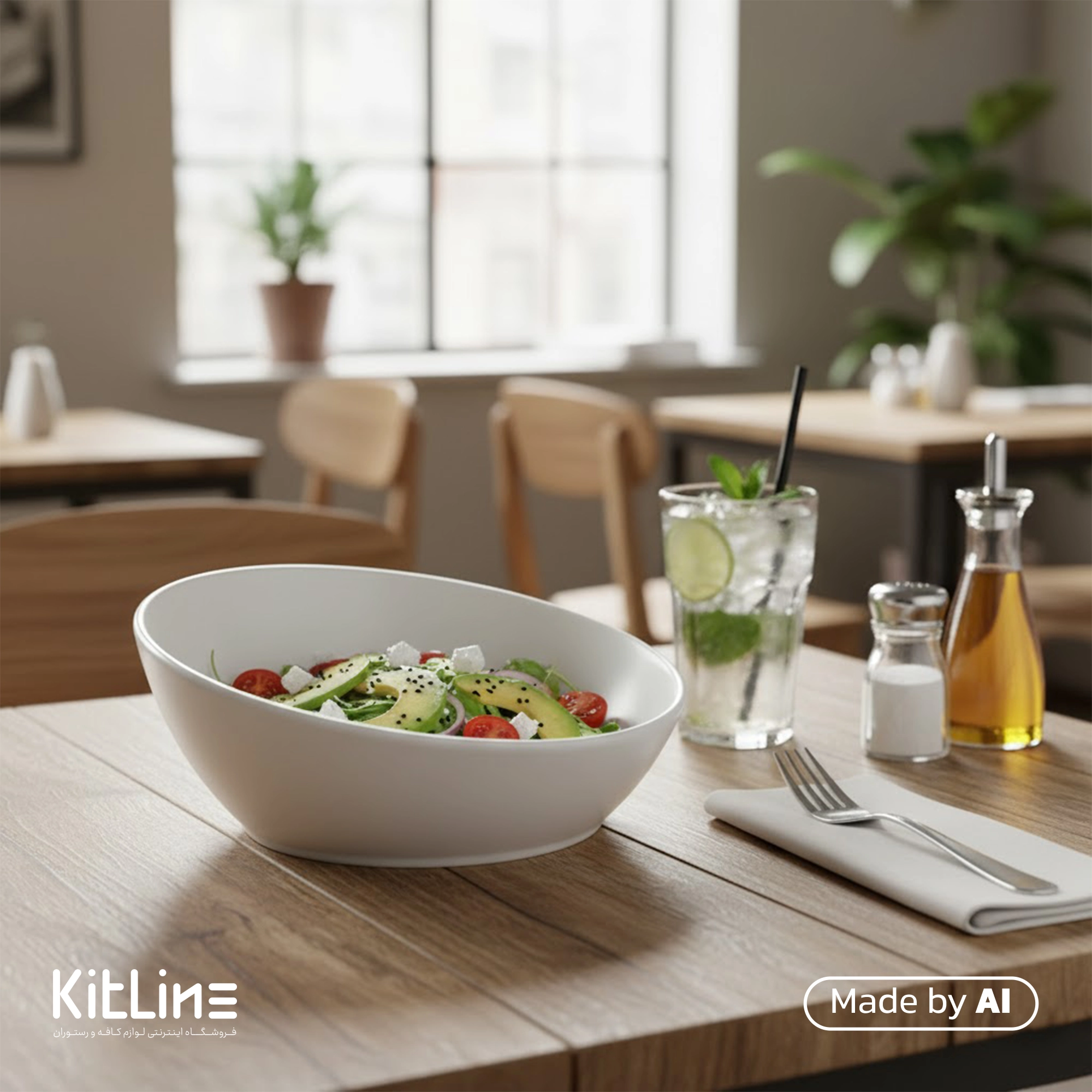 کاسه پرسلین بزرگ سفید آرتیزان مدل تیلت که در آن سالاد سرو شده است.