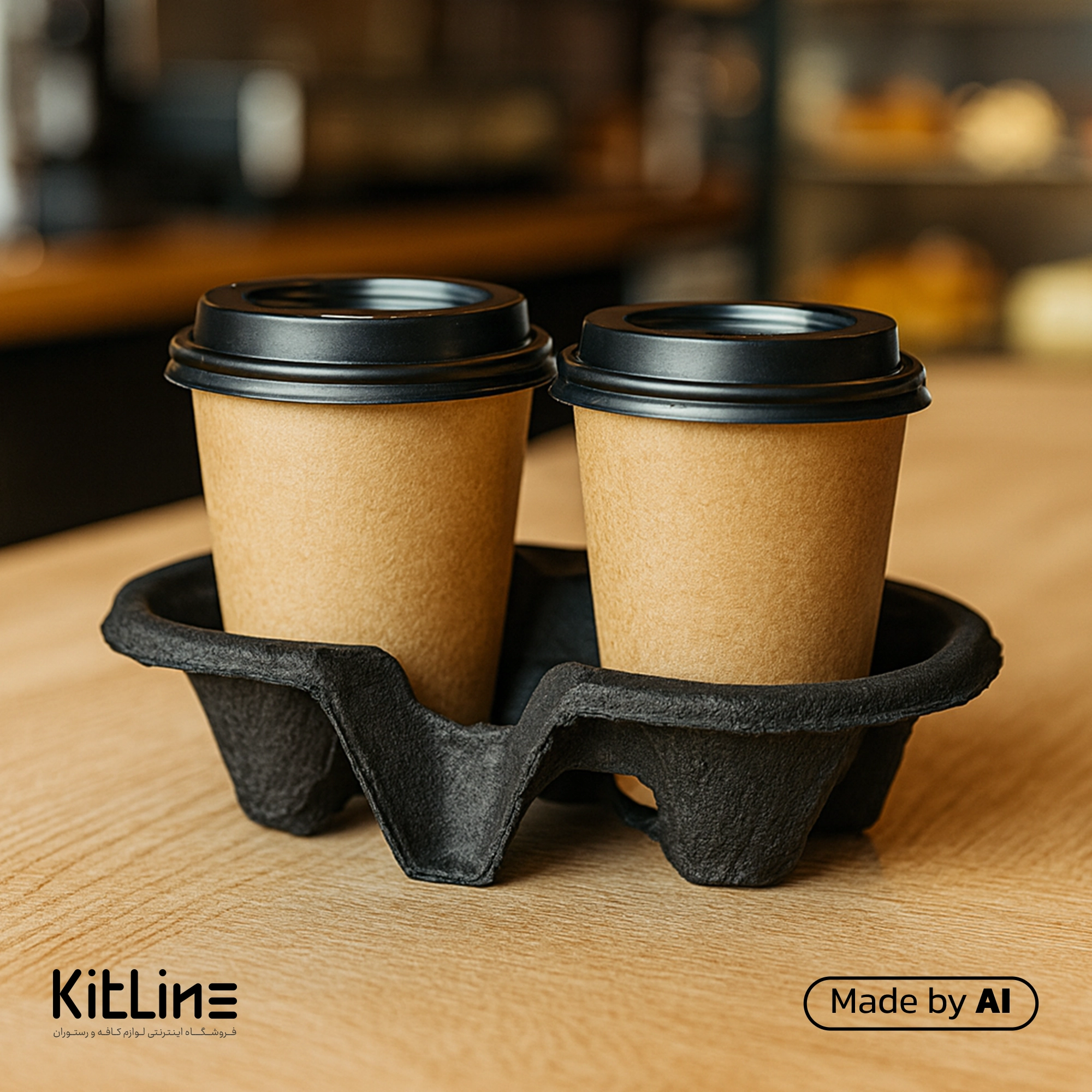 کاپ هولدر سلولزی دو عددی مشکی نیلا کاپ که در آن دو کاپ قهه جهت بیرون بر قرار داده شده است.