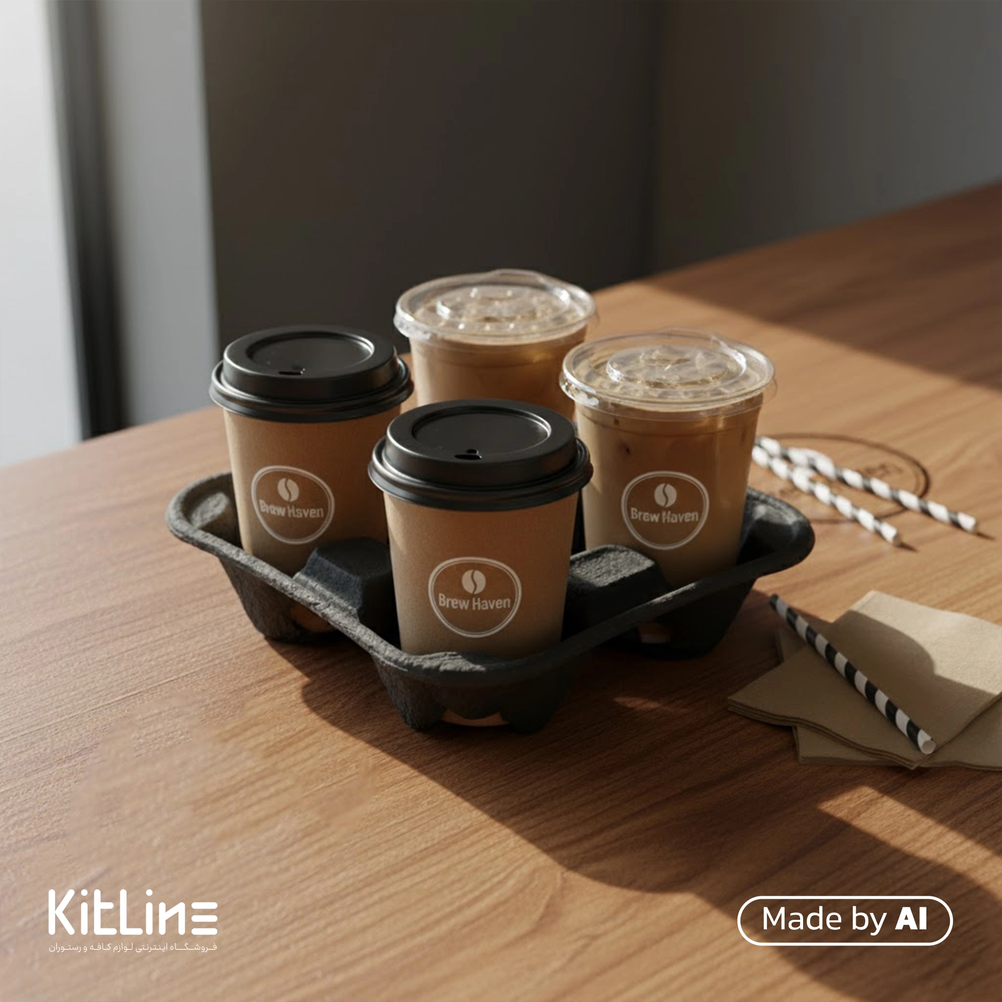 کاپ هولدر سلولزی چهار عددی مشکی نیلا کاپ که در آن قهوه بیرون بر قرار دارد