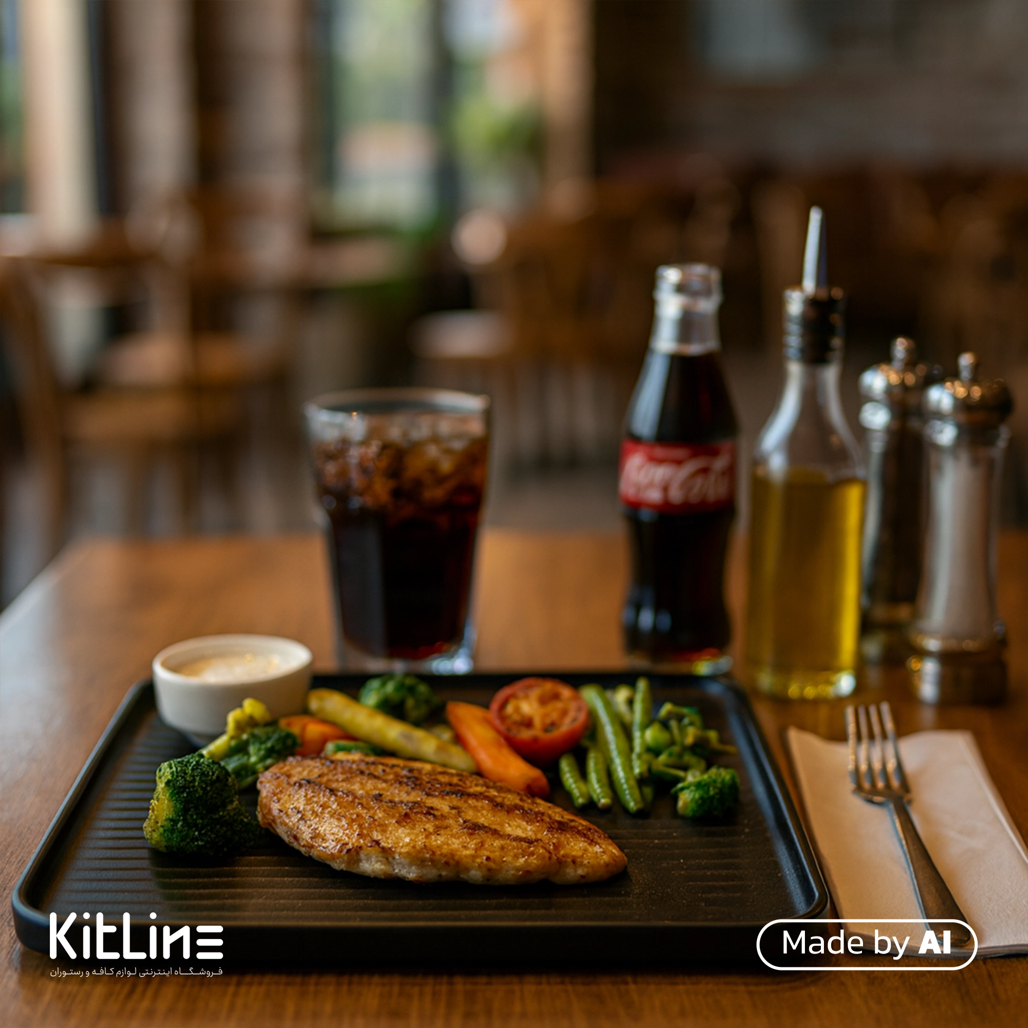 بشقاب پرسلین ۲۸×۲۸ سانتیمتری مشکی آرتیزان مدل لاین که در آن استیک به همراه دورچین سرو شده است.