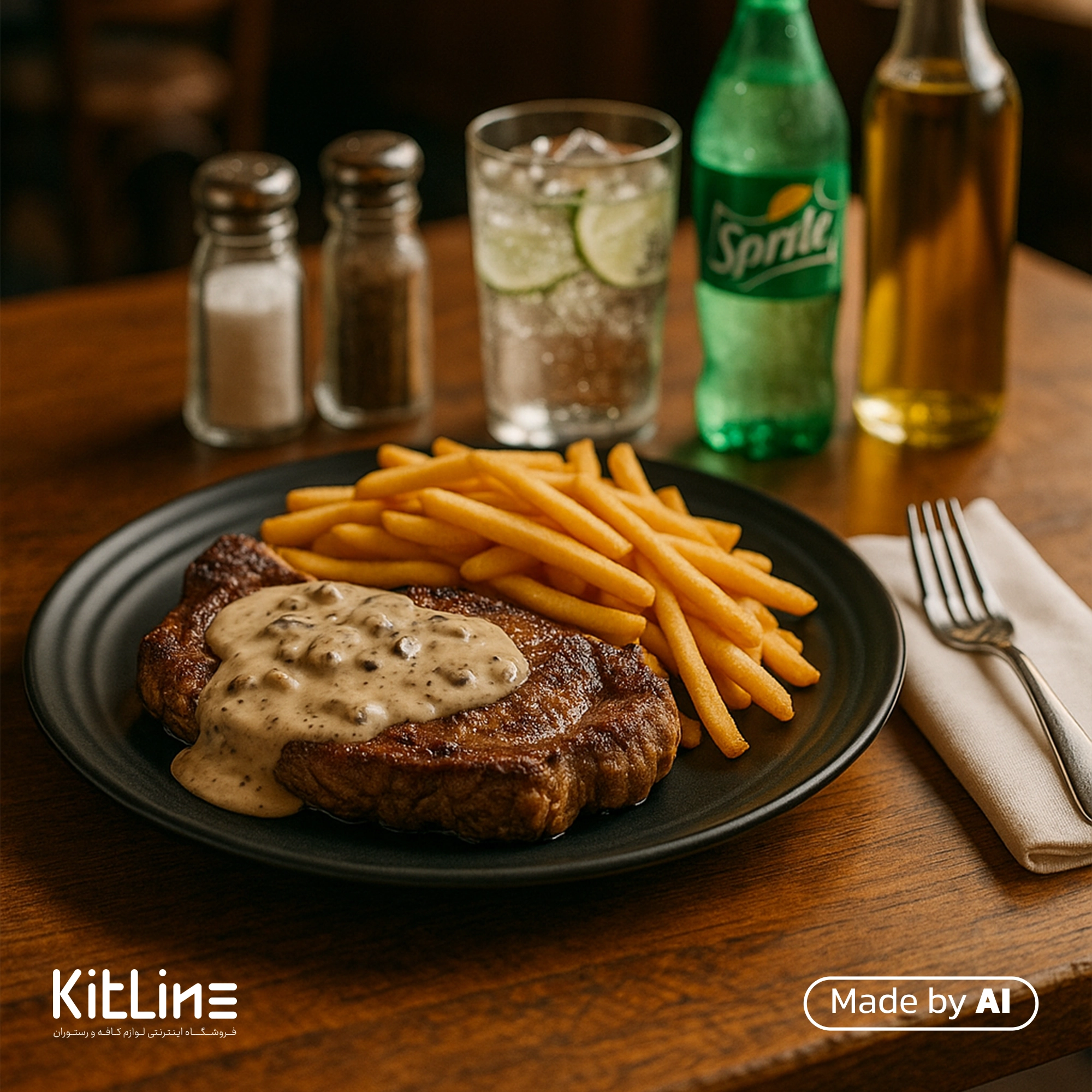 بشقاب پرسلین ۳۰ سانتیمتری مشکی آرتیزان مدل رینگ که در آن استیک به همراه سیب زمینی سرخ کرده خلالی سرو شده است.