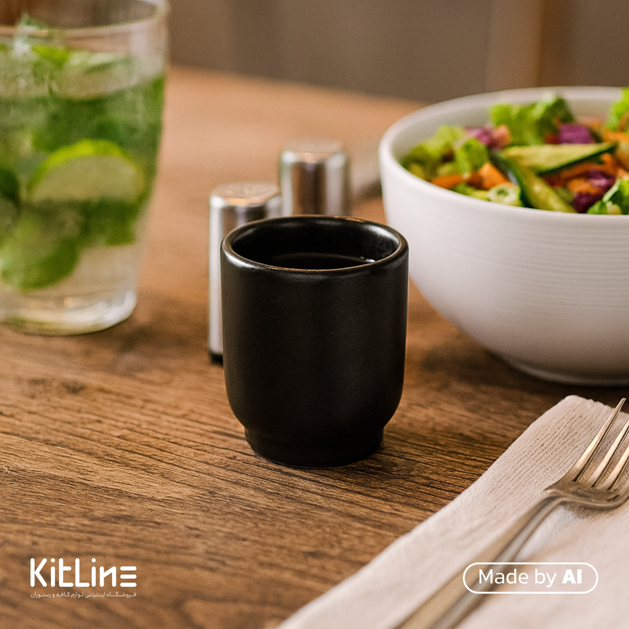 شات ساده پرسلین مشکی آرتیزان مدل کفا که در آن سس سرو شده و در کنار سالاد قرار داده شده است.