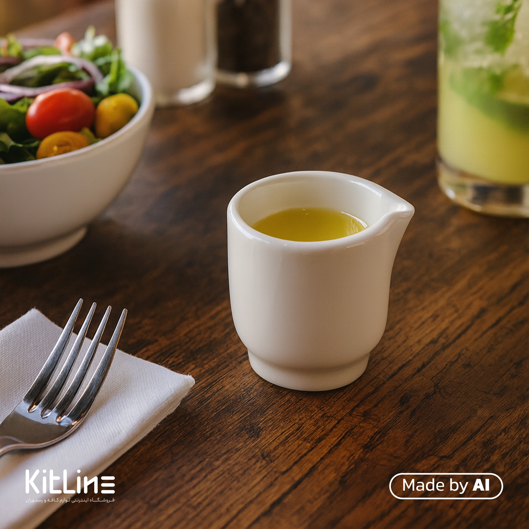 شات سرریز پرسلین سفید آرتیزان مدل کفا که در آن سس ریخته شده و در کنار سالاد قرار داده شده است.