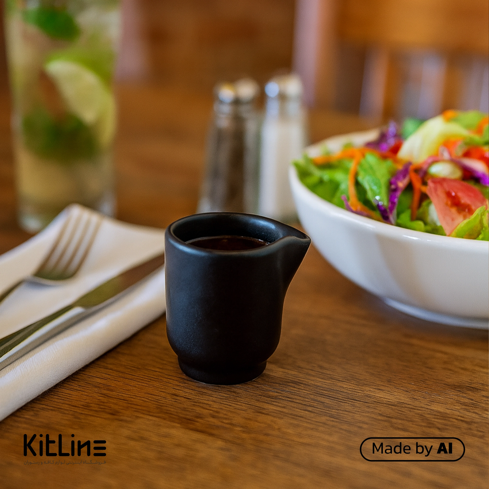 شات سرریز پرسلین مشکی آرتیزان مدل کفا که در آن سس سرو شده است و در کنار سالاد قرار داده شده است.