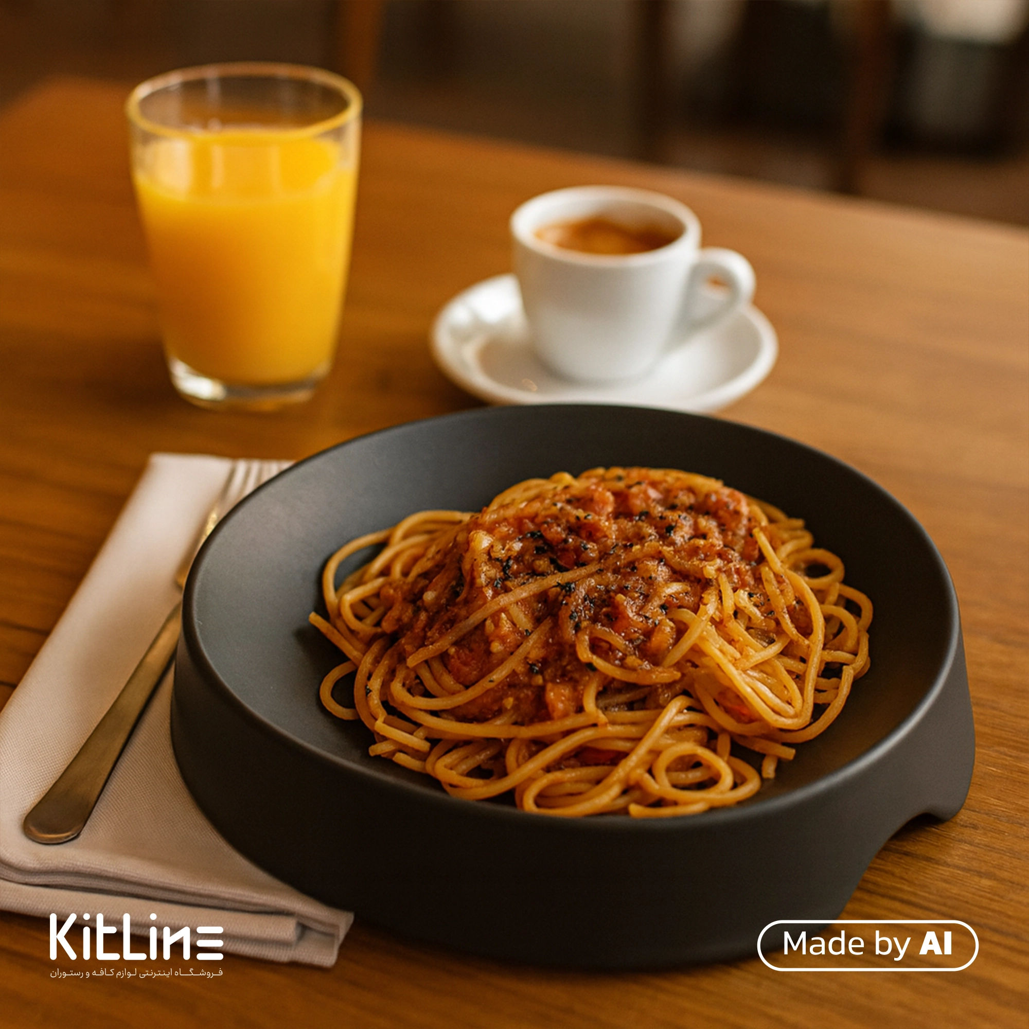 ظرف بزرگ پرسلین مشکی آرتیزان مدل سدل که در آن اسپاگتی سرو شده است.