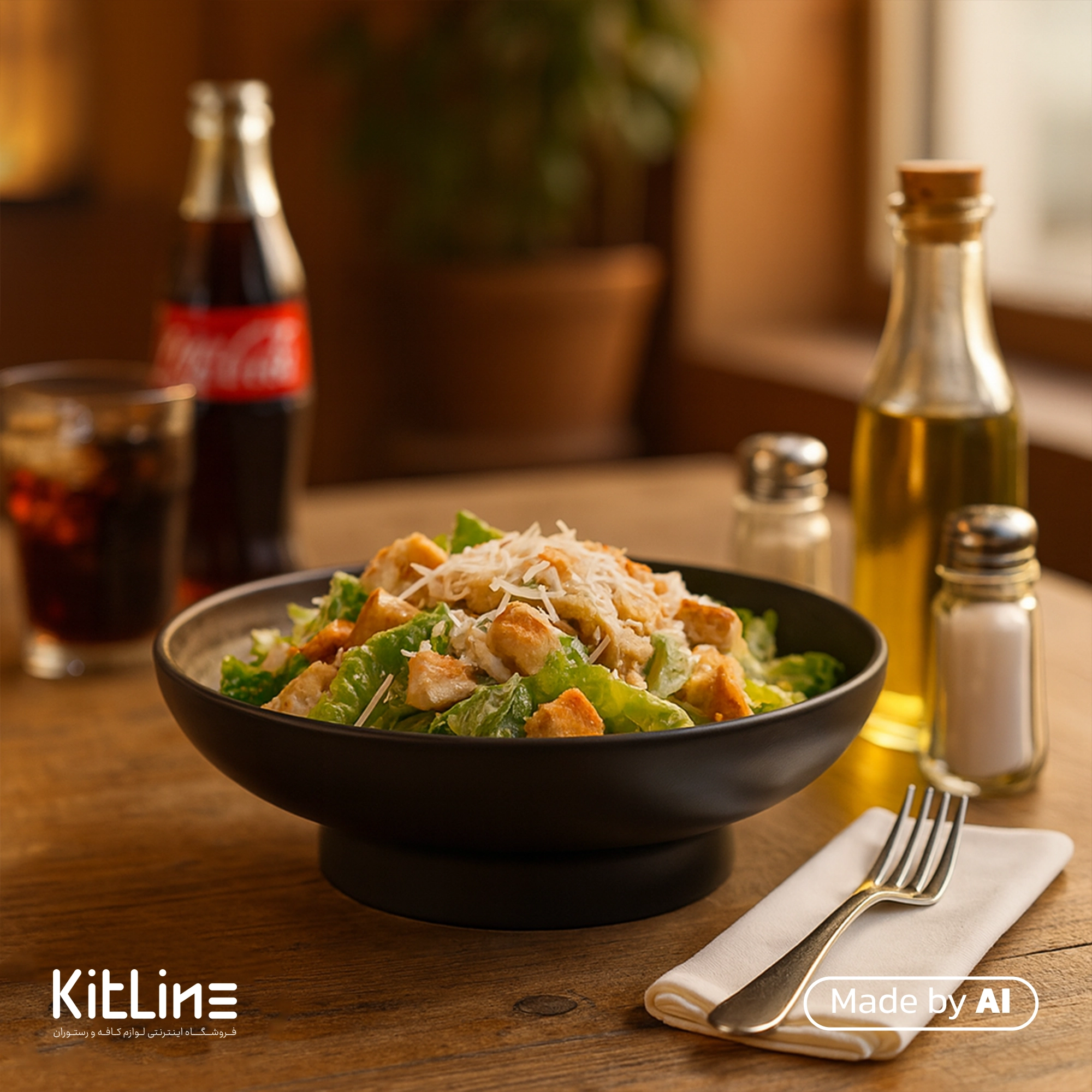 ظرف سالاد پایه دار پرسلین ۲۳ سانتیمتری مشکی آرتیزان که در آن سالاد سرو شده است.