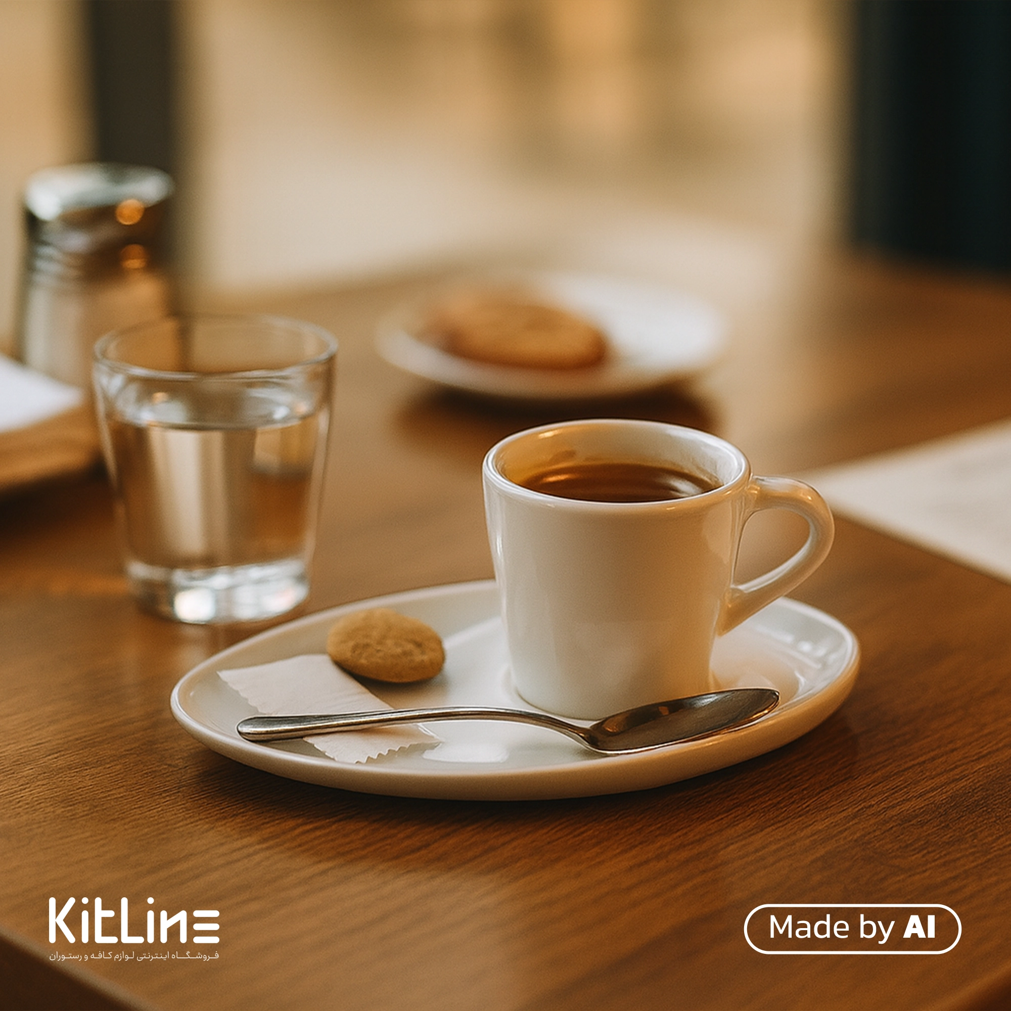 فنجان و نعلبکی اسپرسو پرسلین ۱۰۰ میلی لیتری سفید آرتیزان مدل تیلت که در آن اسپرسو سرو شده است