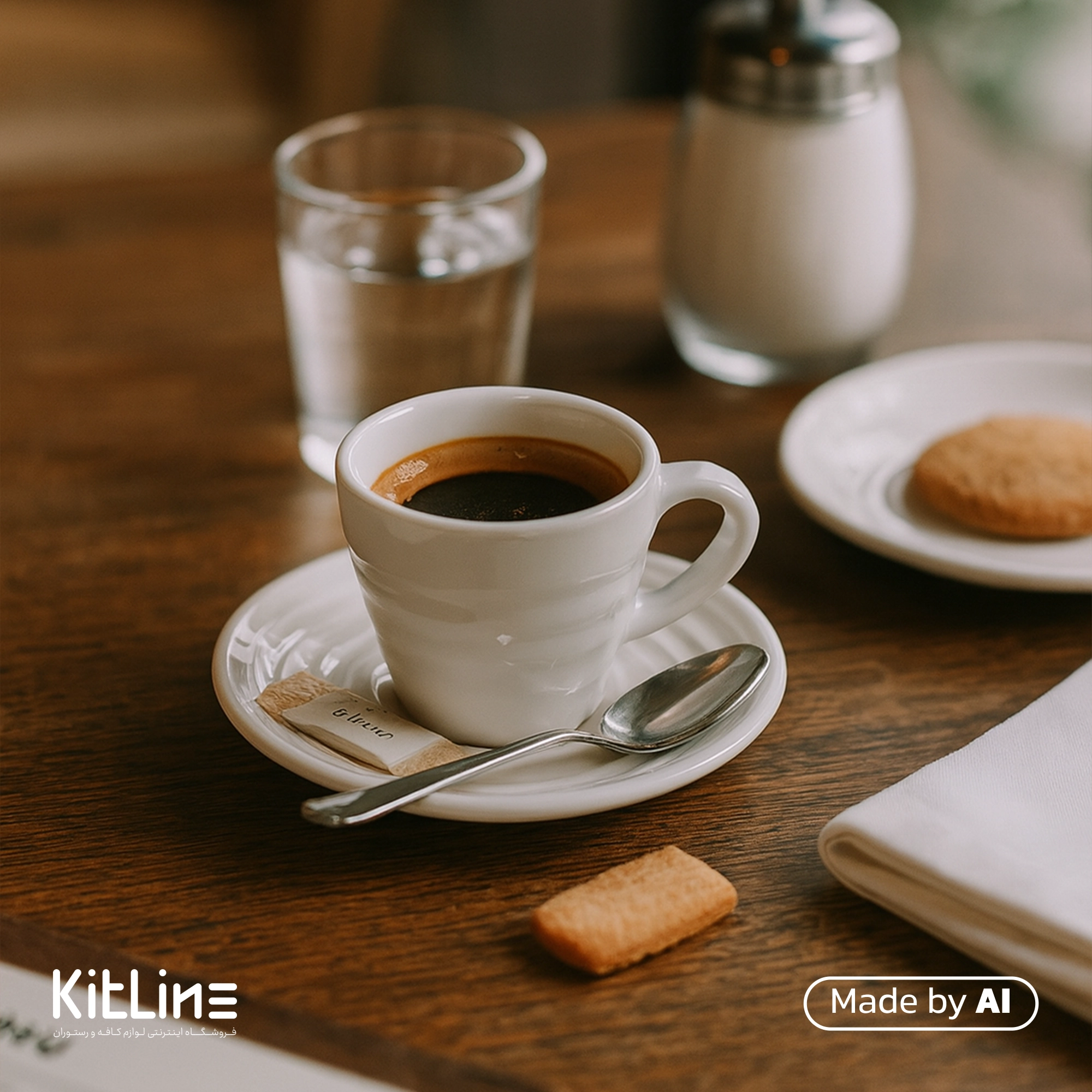 فنجان و نعلبکی اسپرسو پرسلین ۱۰۰ میلی لیتری سفید آرتیزان مدل رینگ که در آن اسپرسو سرو شده است.