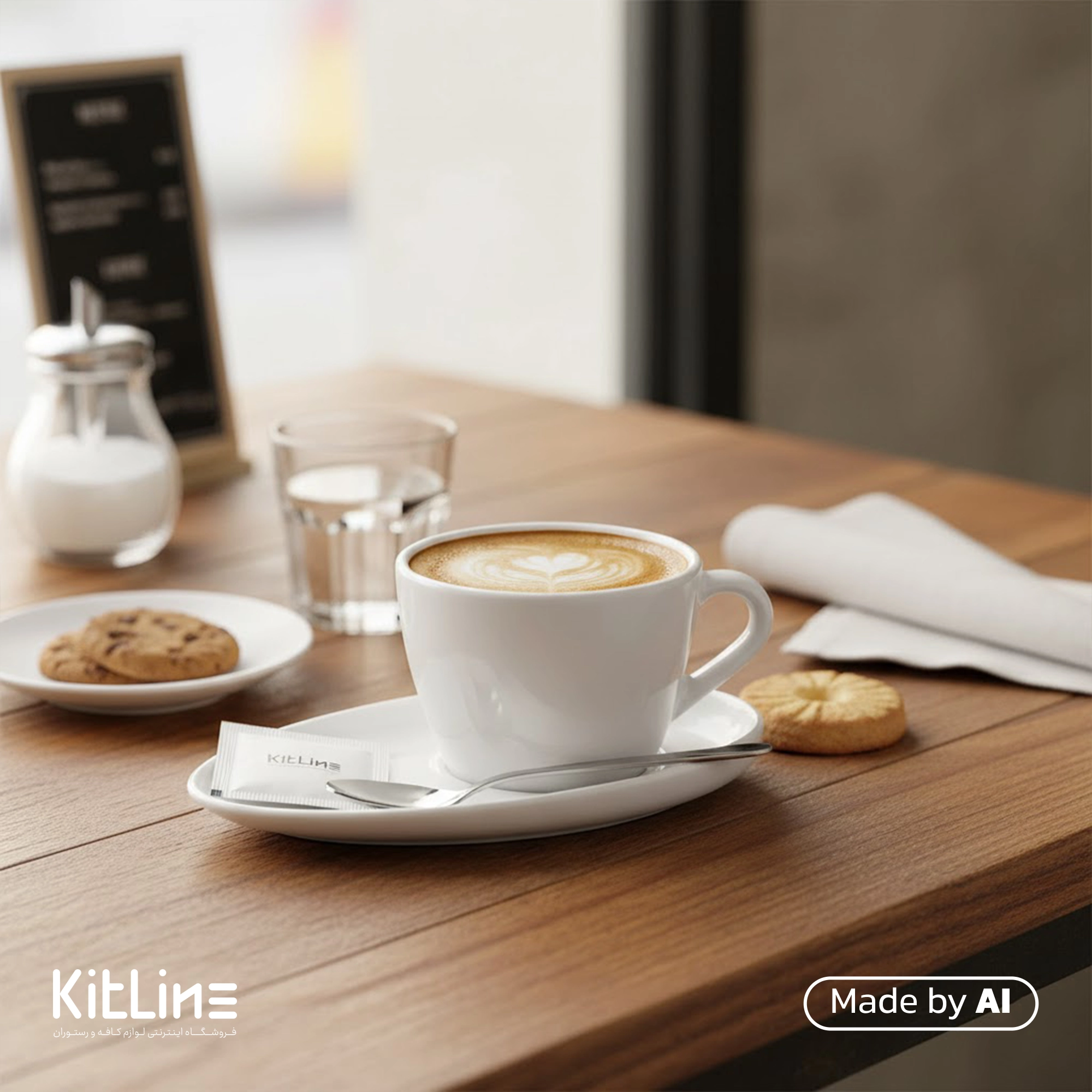 فنجان و نعلبکی لاته پرسلین ۳۰۰ میلی لیتری سفید آرتیزان مدل تیلت که در آن لاته سرو شده است.