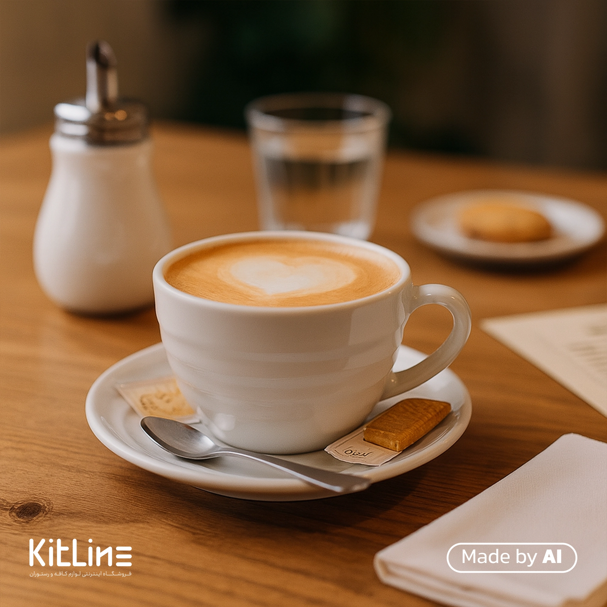 فنجان و نعلبکی لاته پرسلین ۳۰۰ میلی لیتری سفید آرتیزان مدل رینگ که در آن لاته سرو شده است.