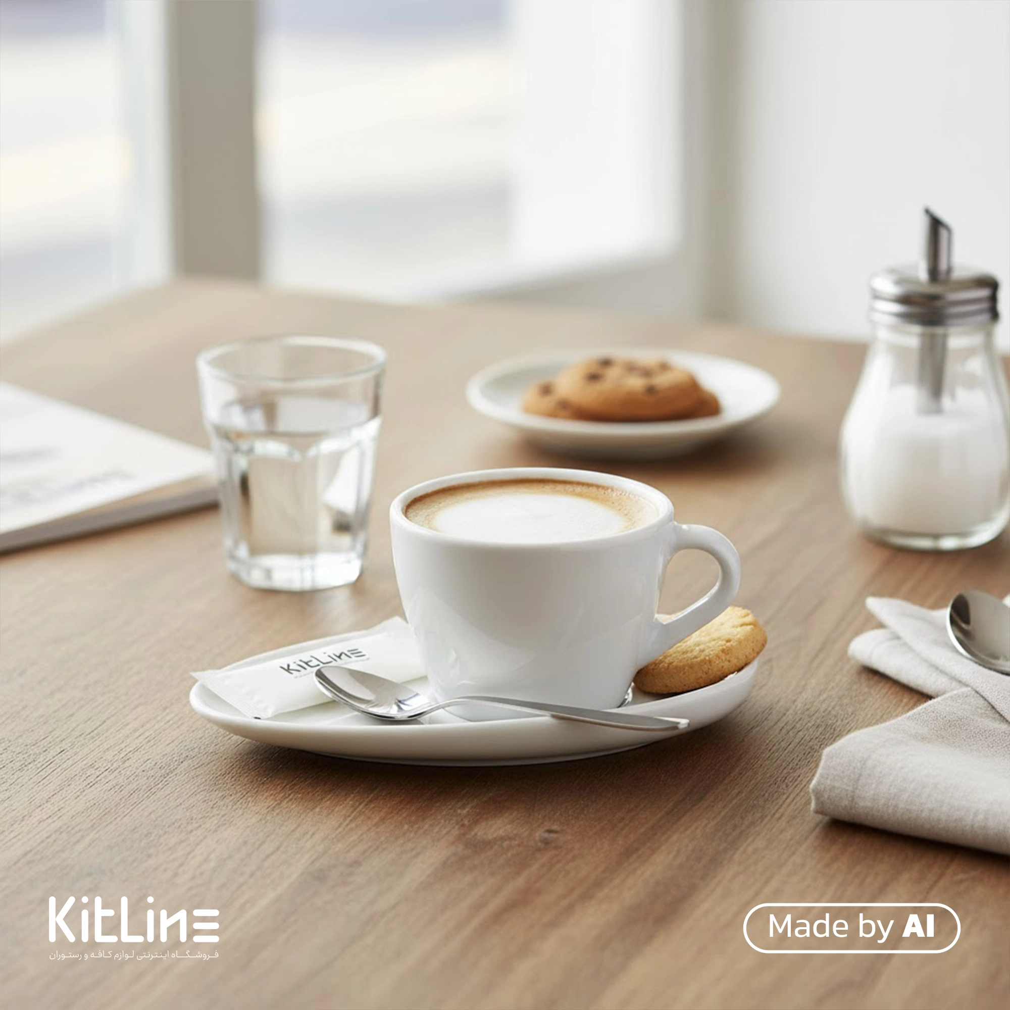 فنجان و نعلبکی کاپوچینو پرسلین ۲۰۰ میلی لیتری سفید آرتیزان مدل تیلت که در آن کاپوچینو سرو شده است.