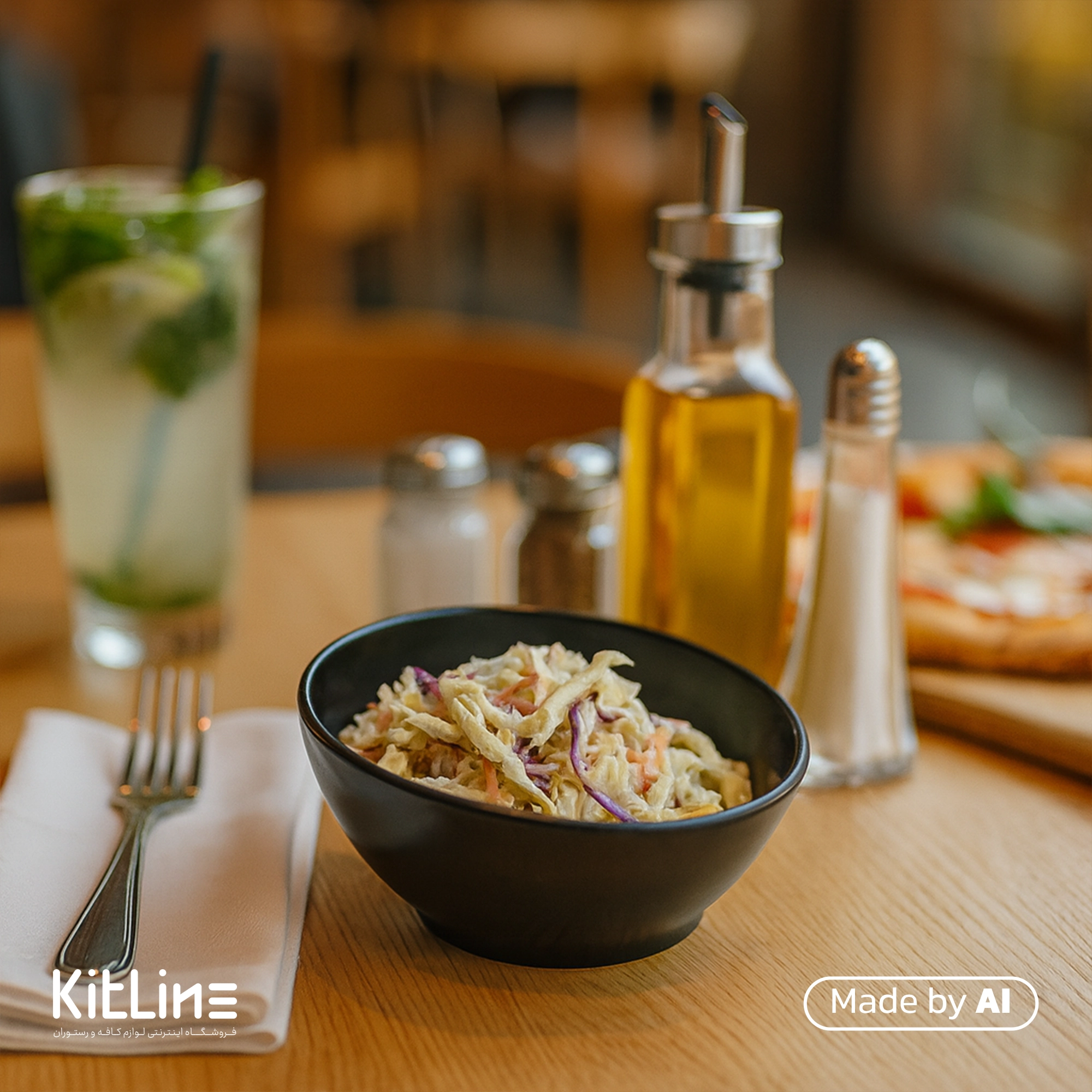 کاسه پرسلین کوچک مشکی آرتیزان مدل تیلت که در آن سالاد شرو شده است.