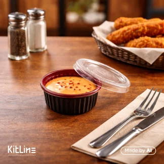 سس مایوچیلی داخل ظرف سس یکبار مصرف پلی پروپیلن ۶۰ میلی لیتری مشکی داخل قرمز درب دار در کنار سبد فیله سوخاری