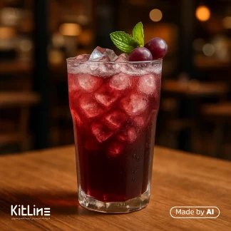 با سیروپ انگور قرمز اقتصادی کاسیت یک نوشیدنی خنک جذاب با طعم انگور و رنگ قرمز جذاب داخل لیوان شیشه ای ریخته شده است.